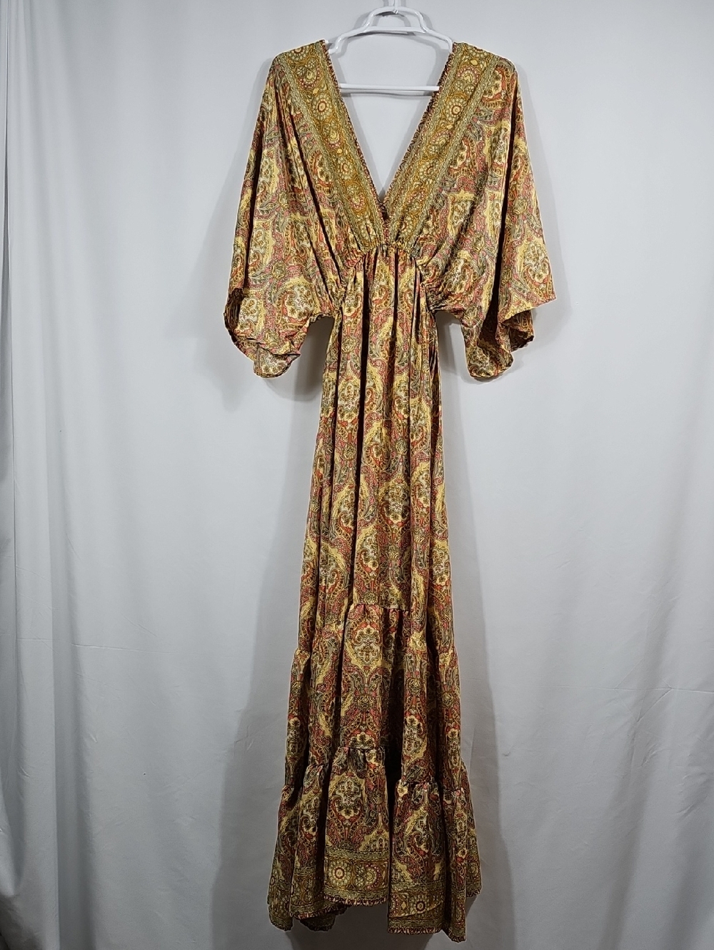 Zury Silk Blend Paisley Maxi Dress V-Neck Kaftan Tiered Boho Festival Free Size - Picture 5 of 11